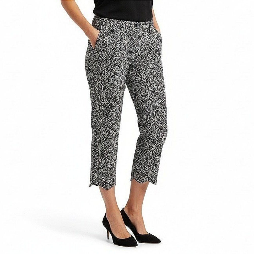 Nic + Zoe Womens Embroidered Leaf Scallop Hem Cropped Cotton Pants Black Size 14